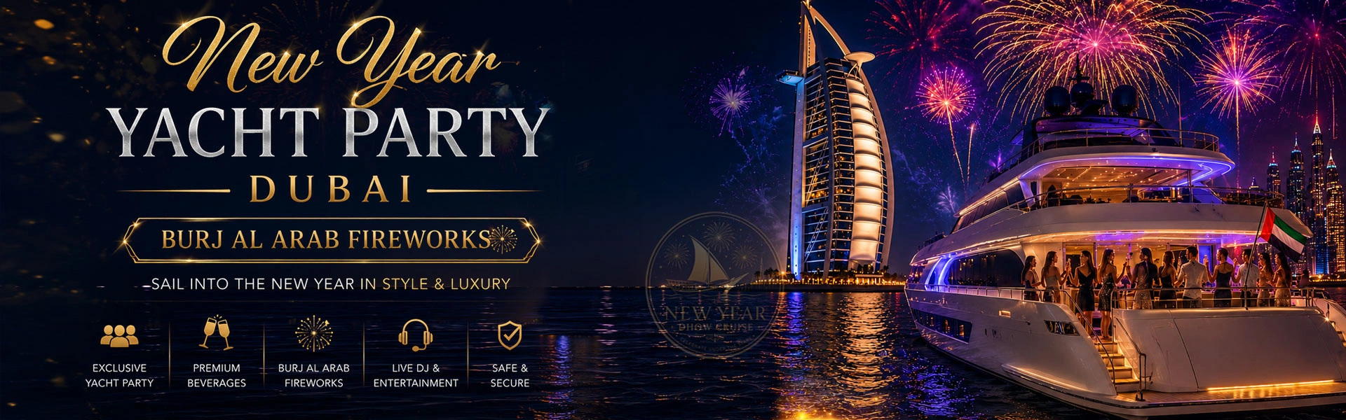 NYE Yacht Party with Burj Al Arab Fireworks